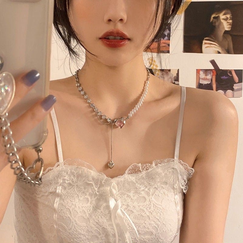 Pink Heart Pendant Cubic Zirconia Pearl Chain Necklace