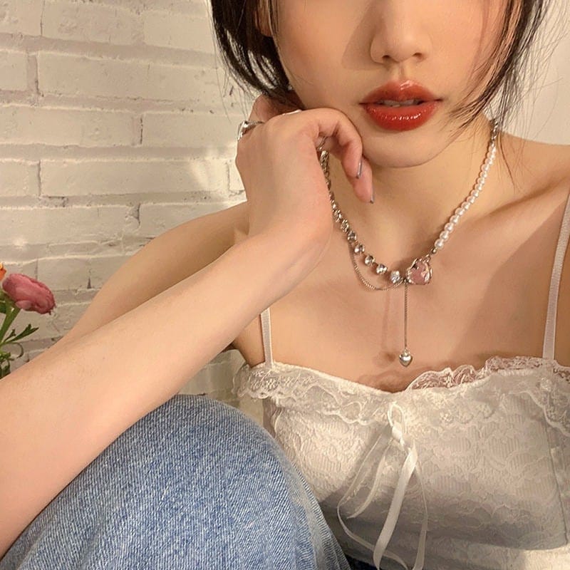Pink Heart Pendant Cubic Zirconia Pearl Chain Necklace