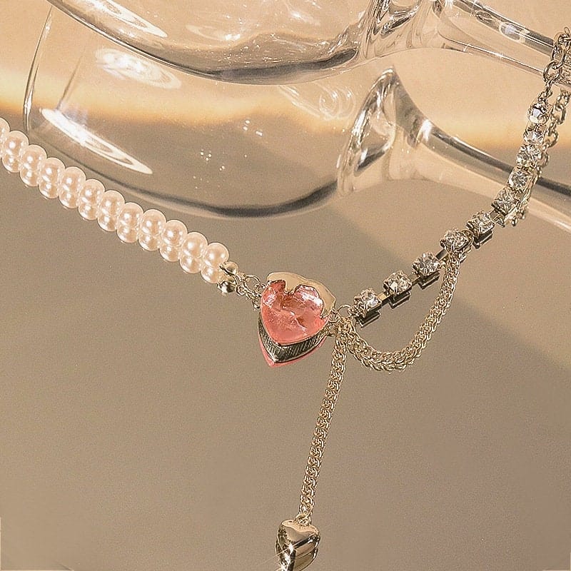 Pink Heart Pendant Cubic Zirconia Pearl Chain Necklace