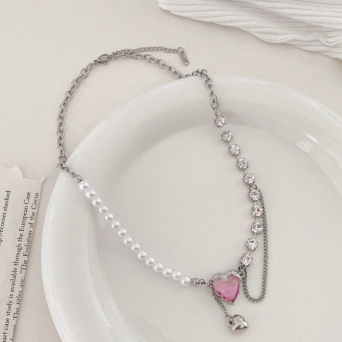 Pink Heart Pendant Cubic Zirconia Pearl Chain Necklace