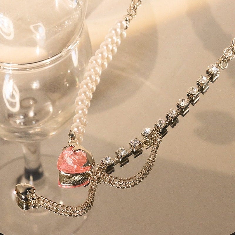 Pink Heart Pendant Cubic Zirconia Pearl Chain Necklace