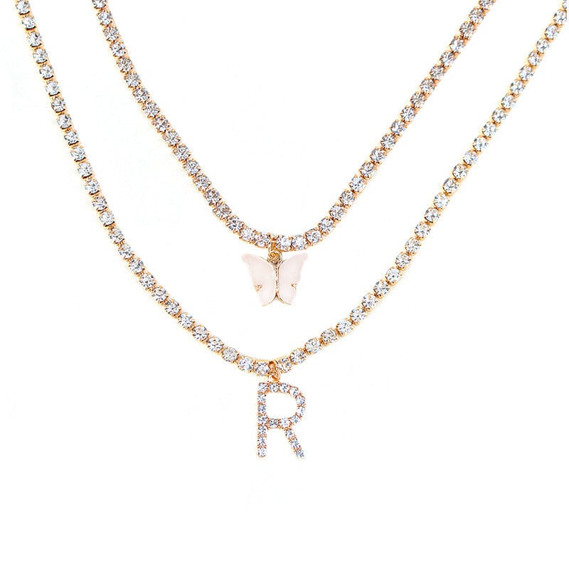 Ensemble de colliers à lettres initiales en forme de papillon et strass superposés