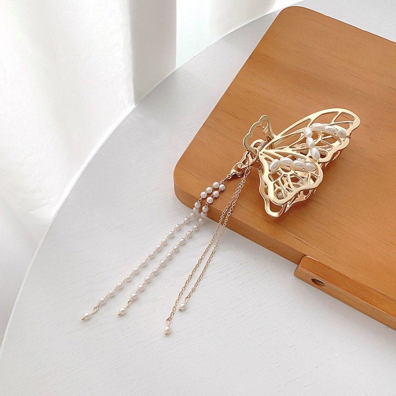 Haarspange mit Perlenkette und Quaste, Schmetterling, Chignon, Krallenclip