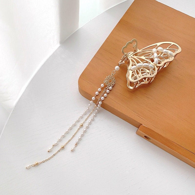 Haarspange mit Perlenkette und Quaste, Schmetterling, Chignon, Krallenclip