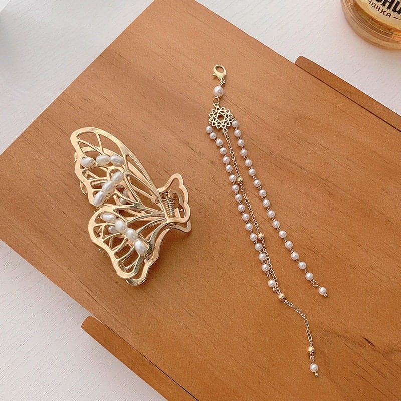 Haarspange mit Perlenkette und Quaste, Schmetterling, Chignon, Krallenclip