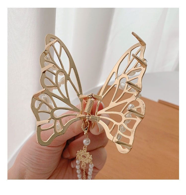 Haarspange mit Perlenkette und Quaste, Schmetterling, Chignon, Krallenclip