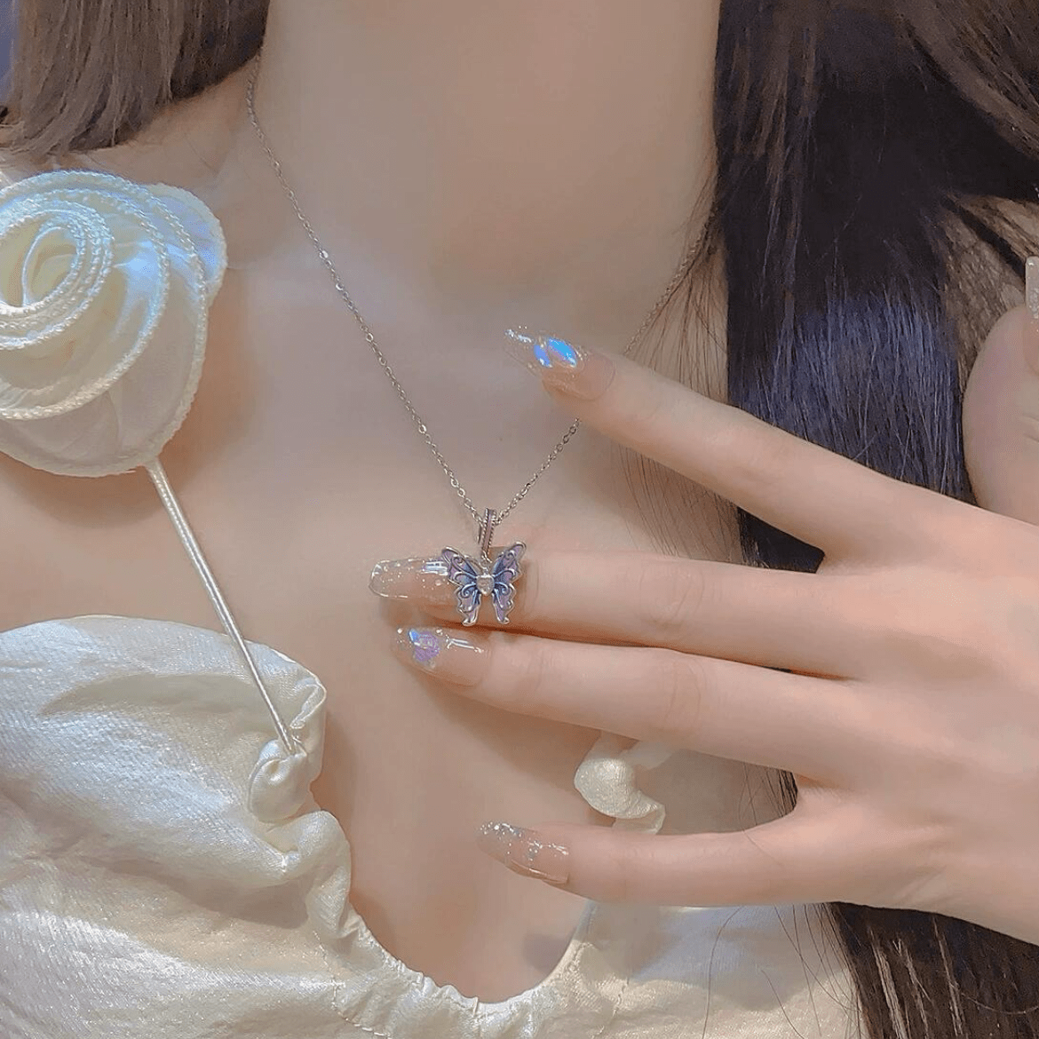 Pink Blue Gradient Enamel Butterfly Necklace