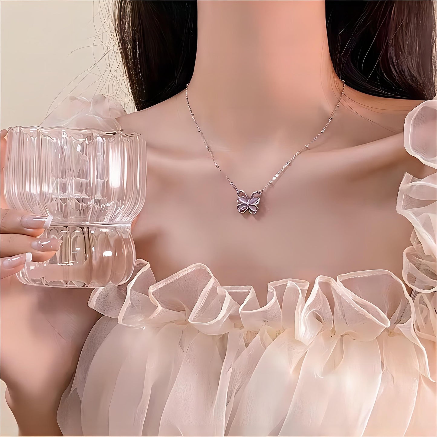 Exquisite Pink Cats Eye Stone Butterfly Necklace