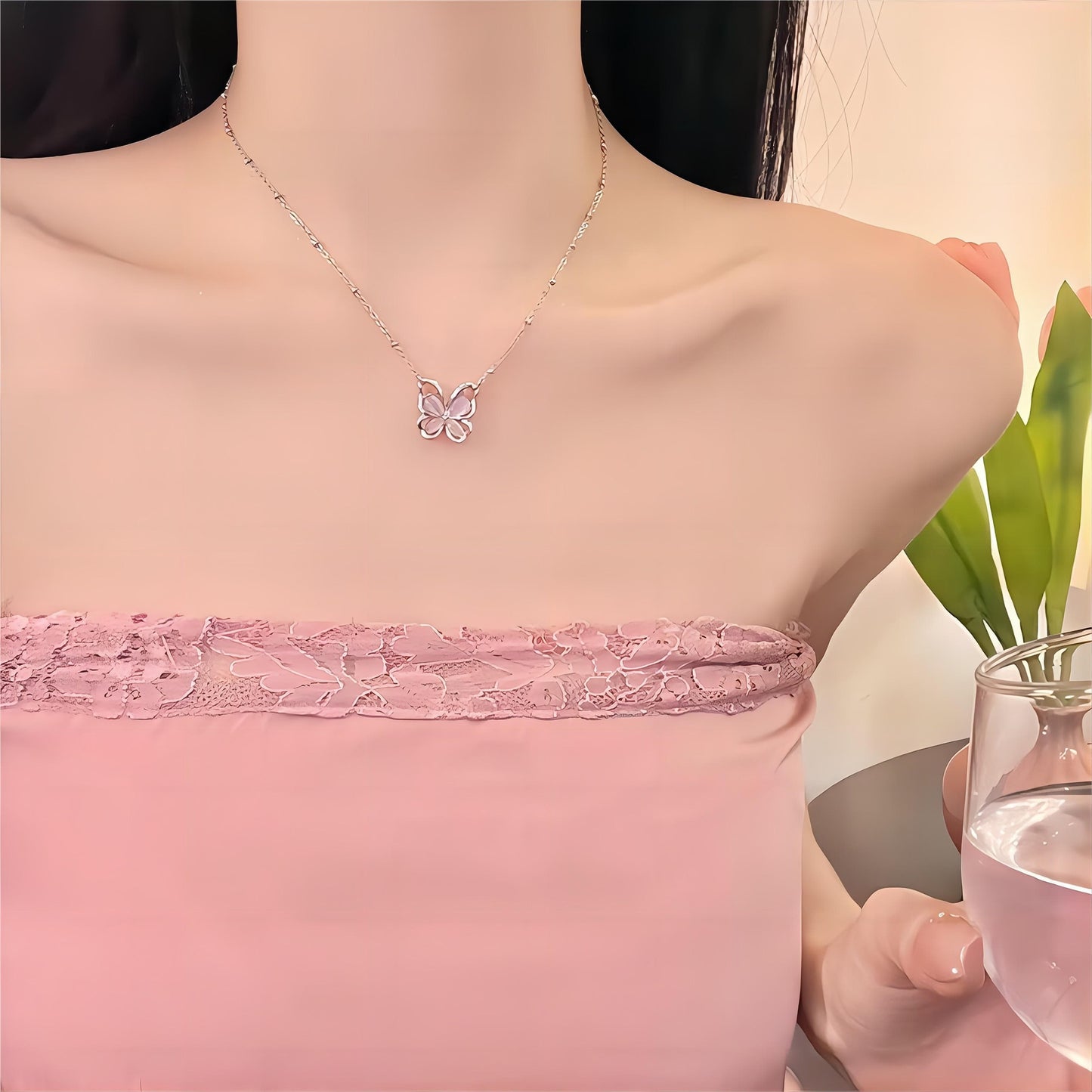 Exquisite Pink Cats Eye Stone Butterfly Necklace
