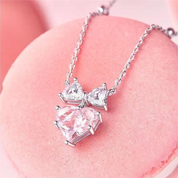 Pink Crystal Bowknot Heart Necklace