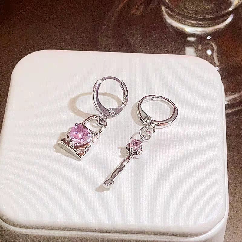 Pink Crystal Heart Dangling Key Lock Huggie Hoop Earrings