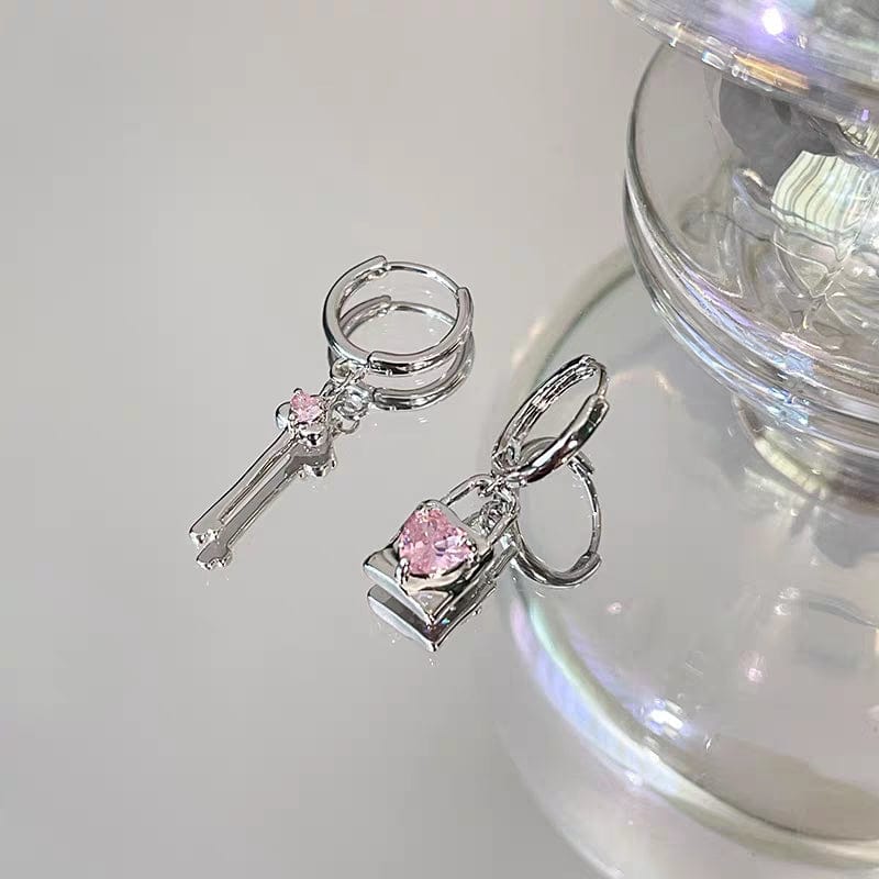 Pink Crystal Heart Dangling Key Lock Huggie Hoop Earrings