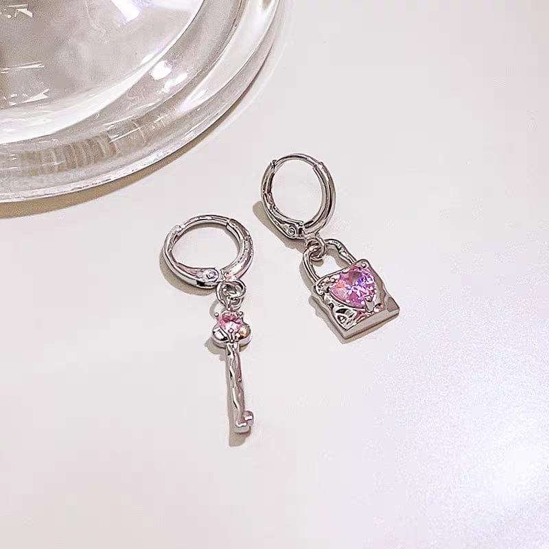 Pink Crystal Heart Dangling Key Lock Huggie Hoop Earrings