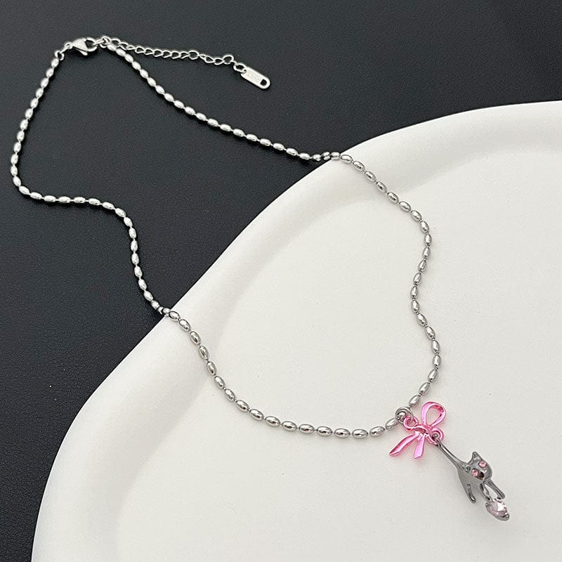 Pink Heart Ribbon Cat Pendant Necklace