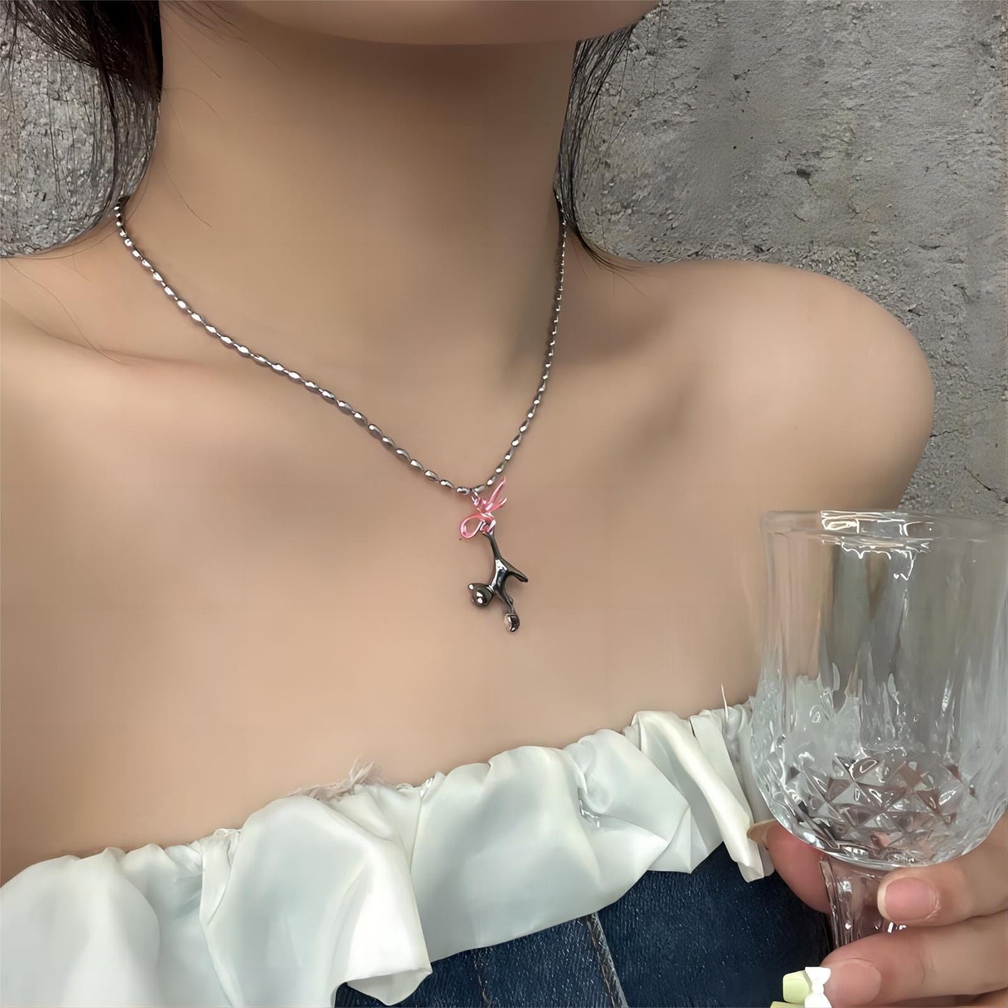 Pink Heart Ribbon Cat Pendant Necklace