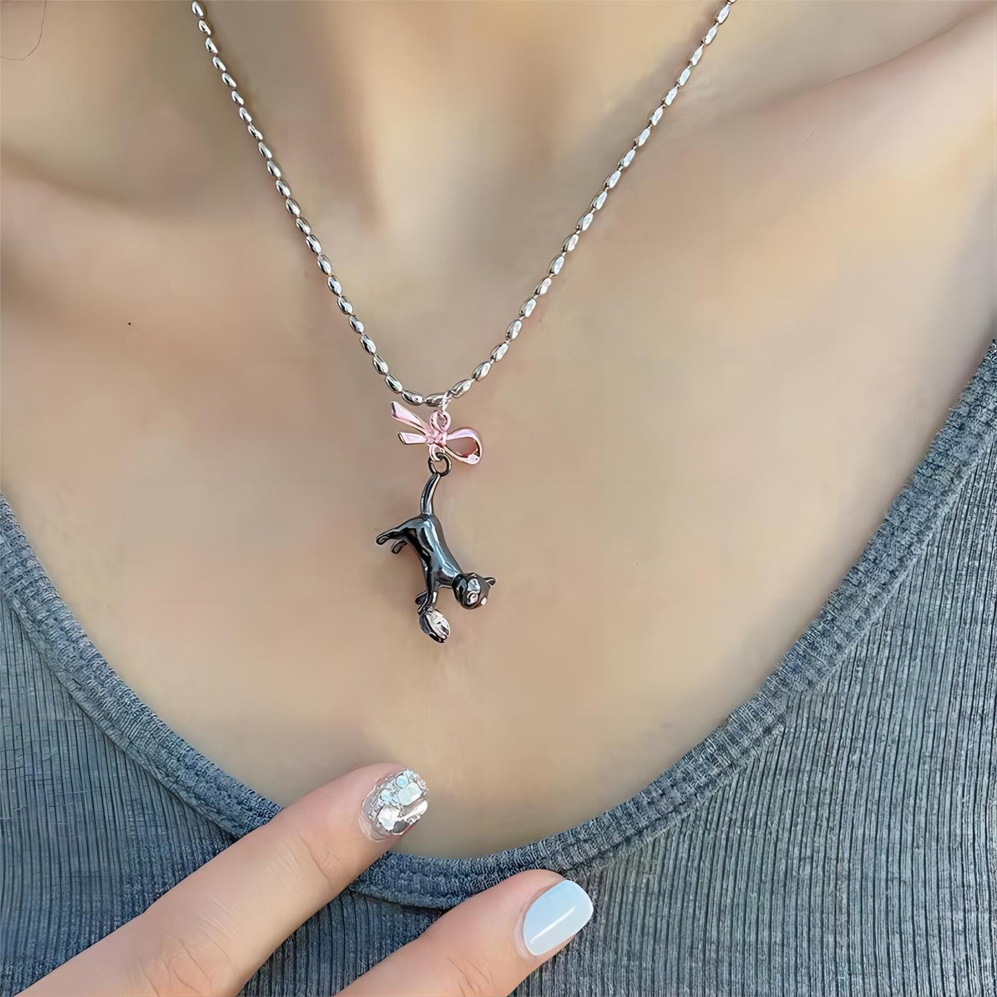 Pink Heart Ribbon Cat Pendant Necklace