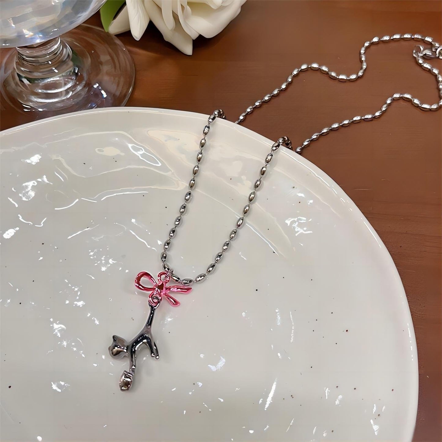 Pink Heart Ribbon Cat Pendant Necklace