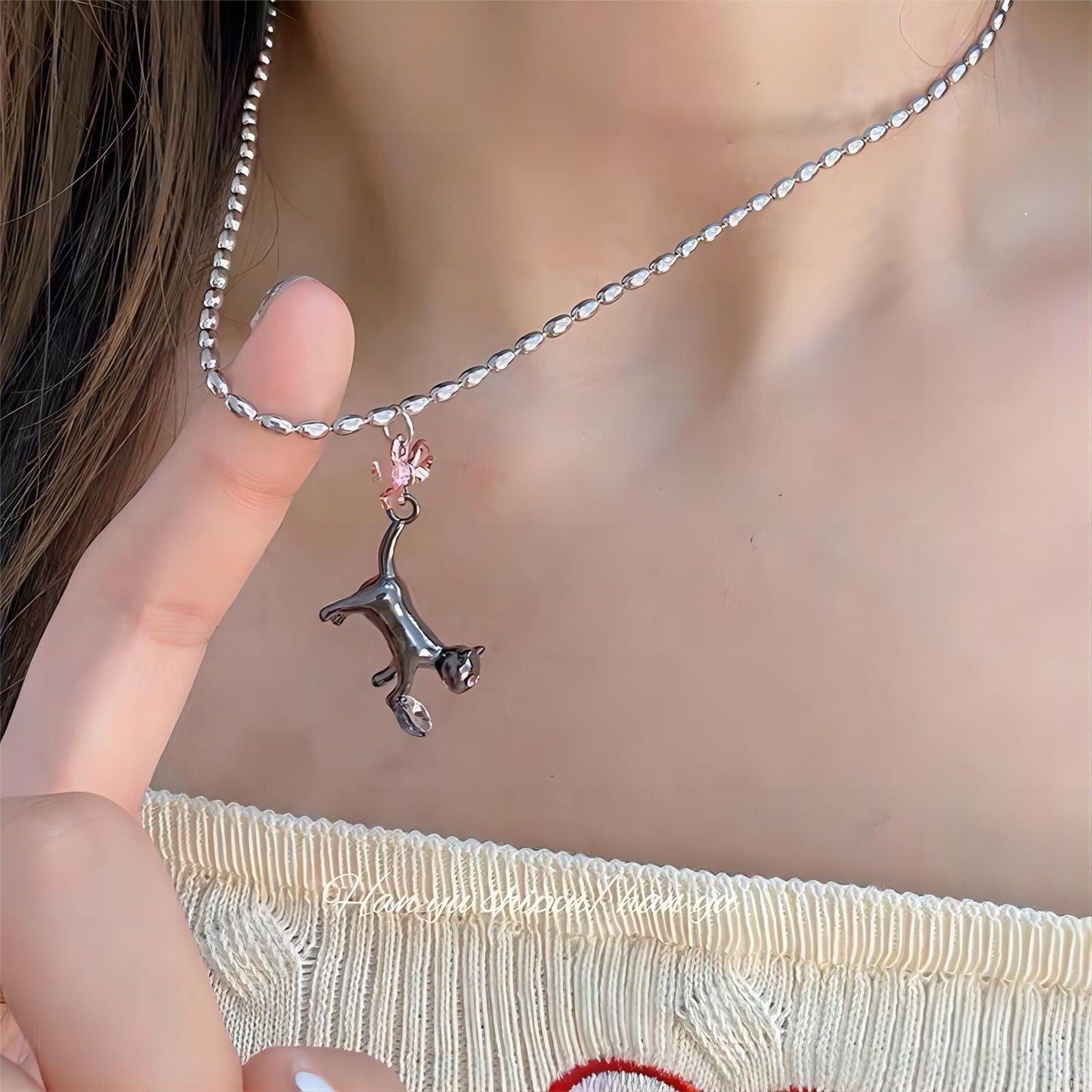 Pink Heart Ribbon Cat Pendant Necklace