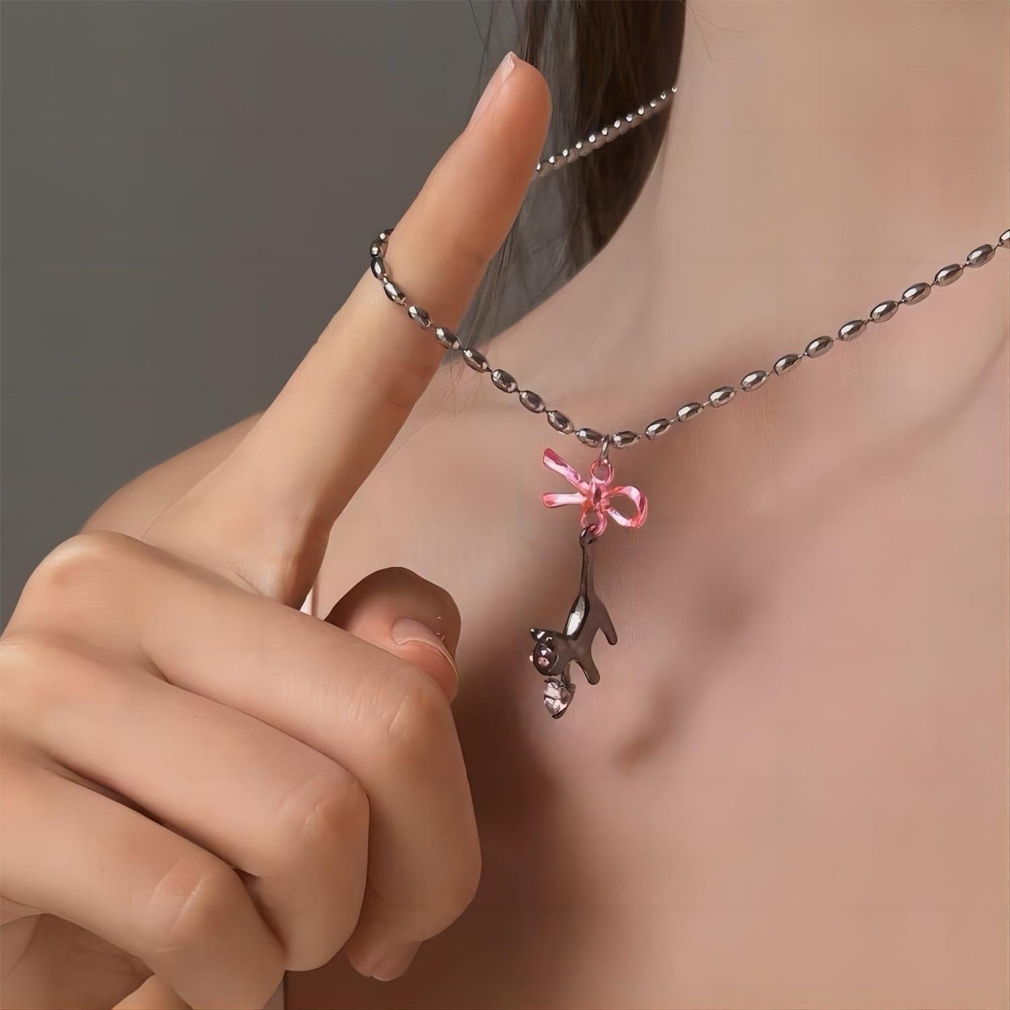 Pink Heart Ribbon Cat Pendant Necklace