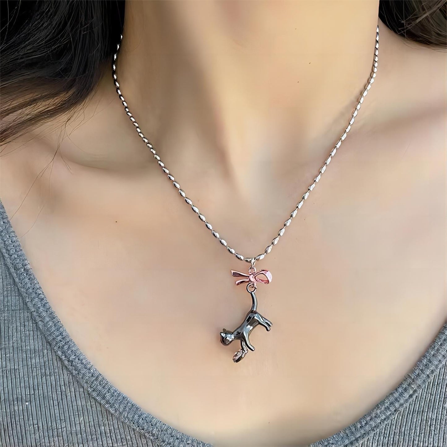 Pink Heart Ribbon Cat Pendant Necklace