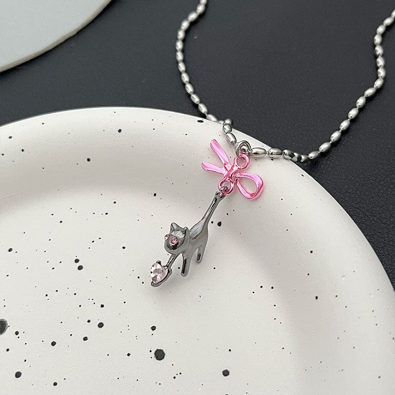 Pink Heart Ribbon Cat Pendant Necklace