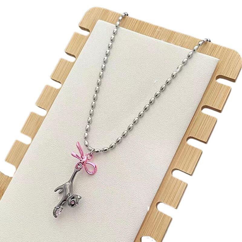 Pink Heart Ribbon Cat Pendant Necklace