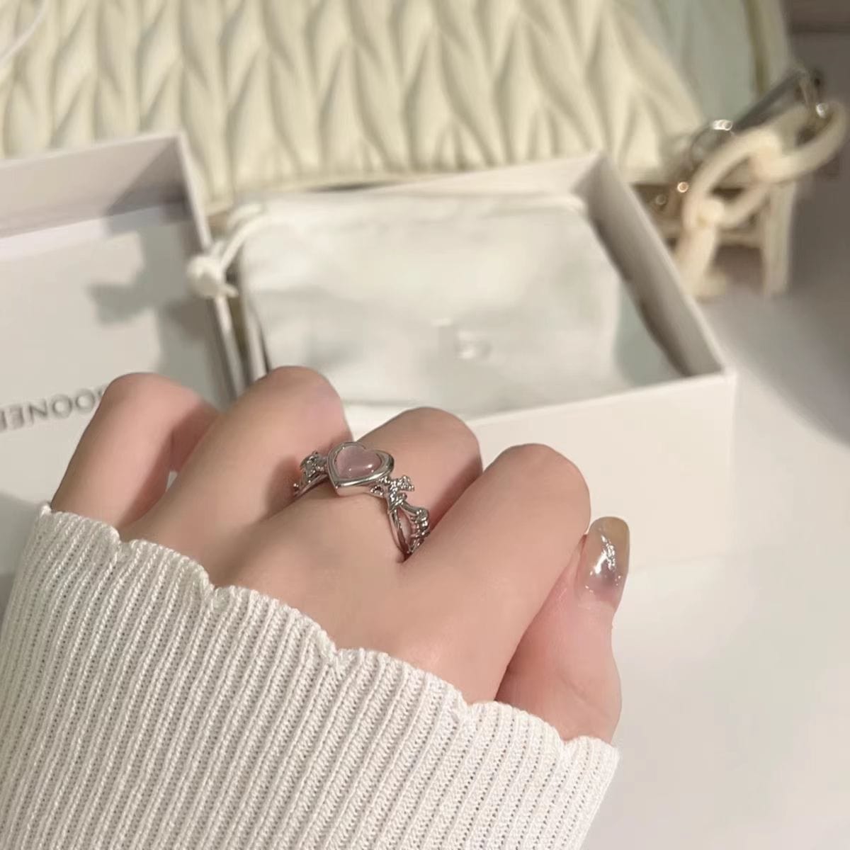 Chic Pink Opal Heart Ring