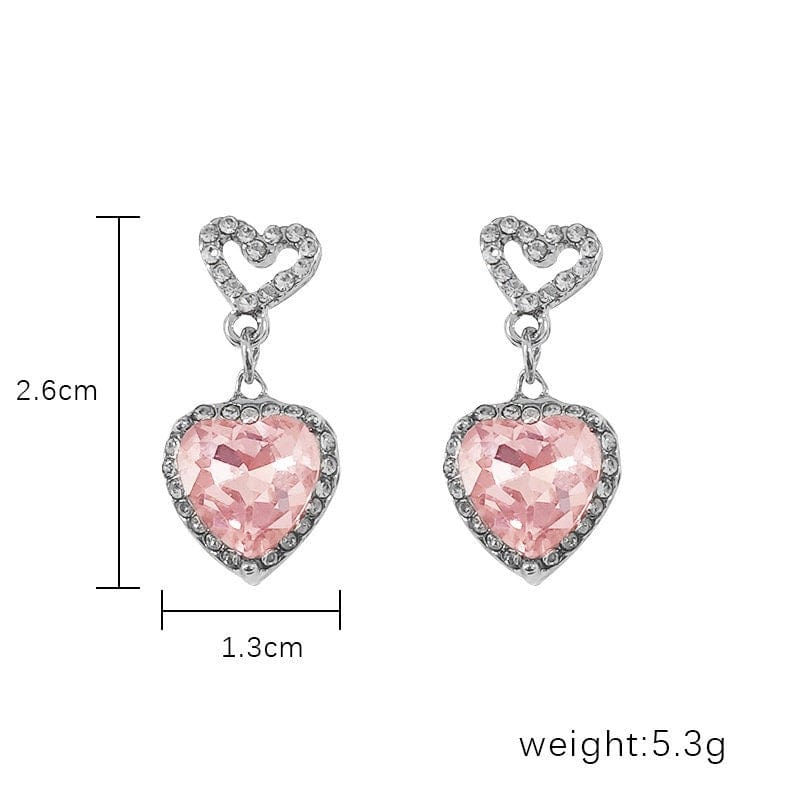 Pink Rhinestone Heart Pendant Chain Necklace Dangle Earrings Set