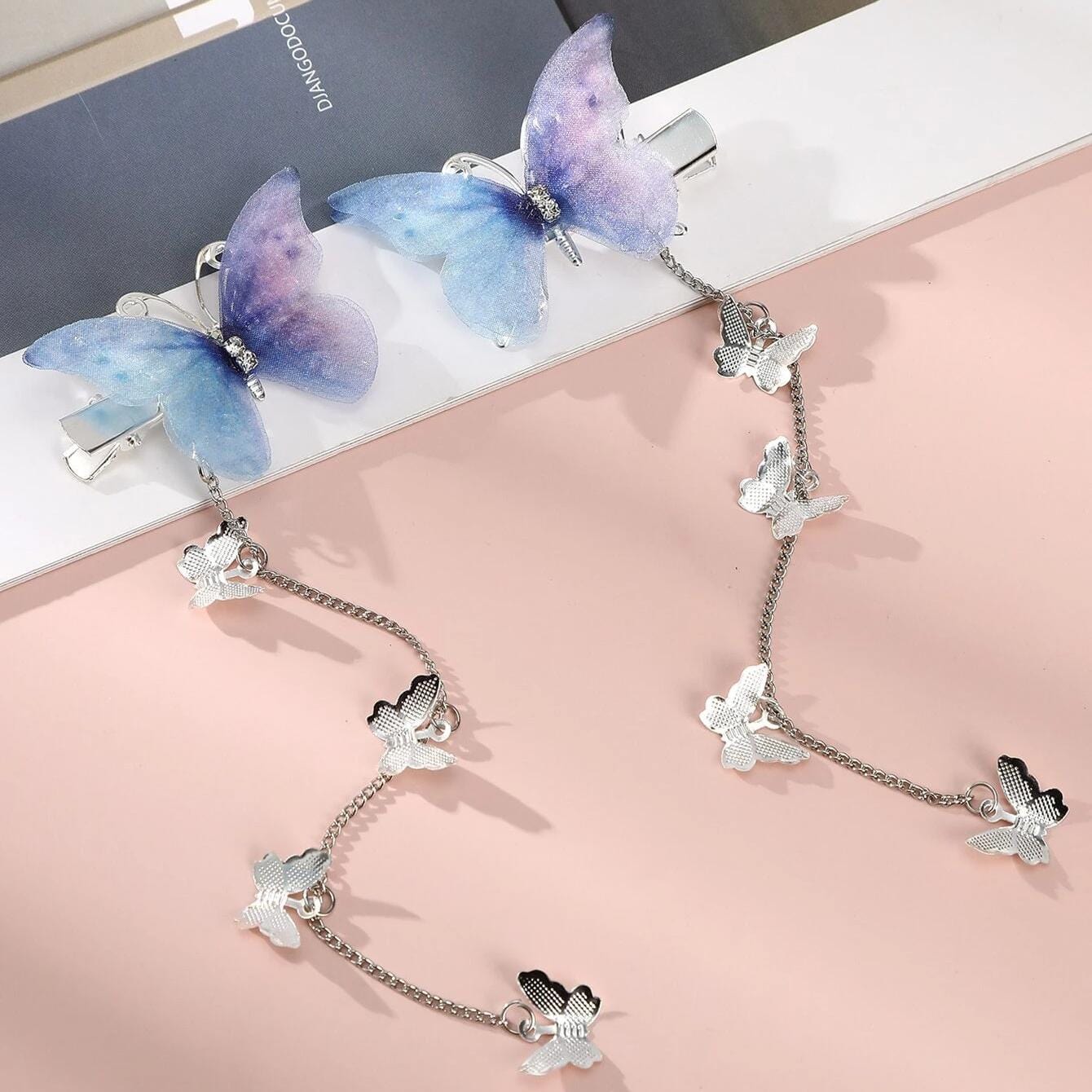 Rhinestone Gradient Butterfly Tassel Chain Hair Clip