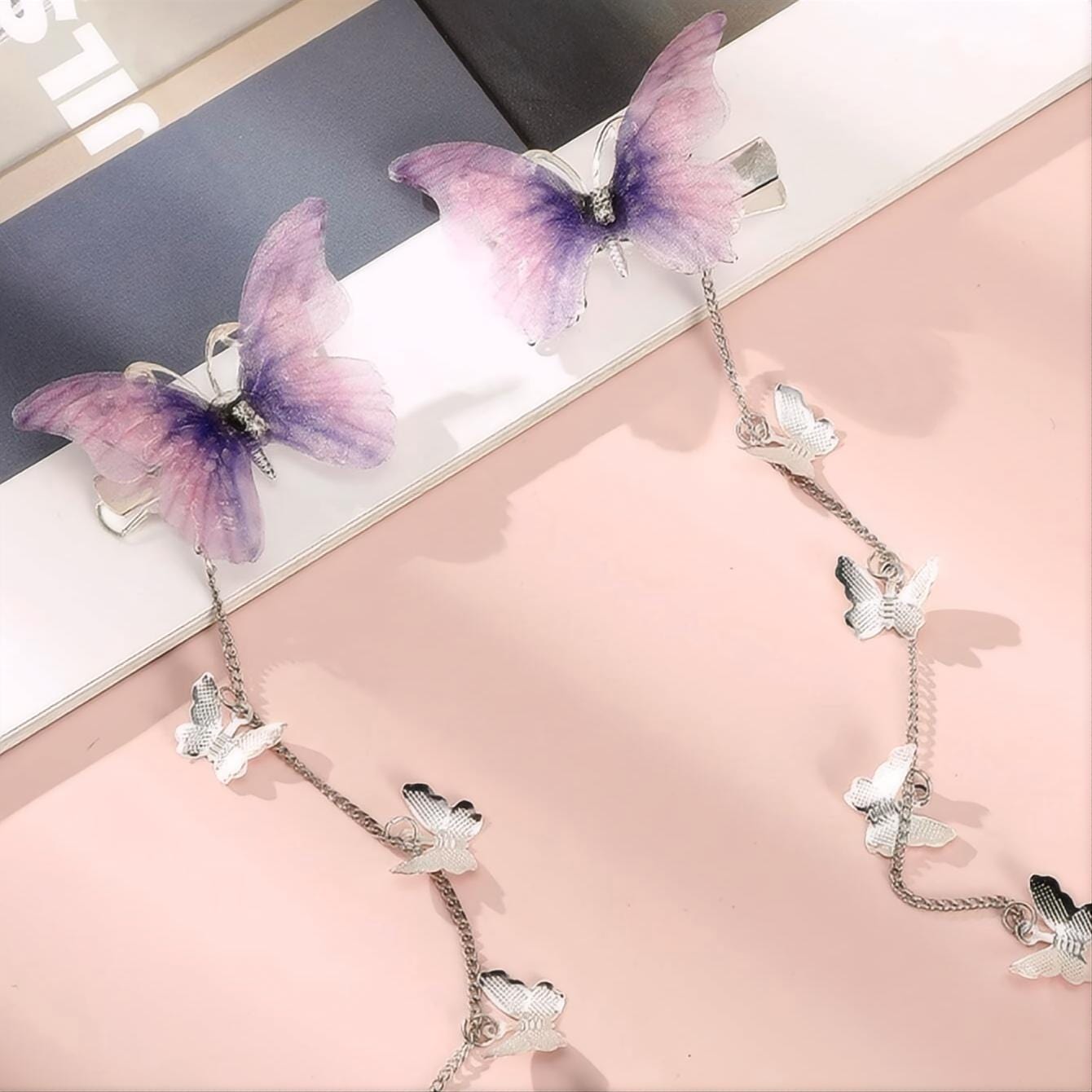 Rhinestone Gradient Butterfly Tassel Chain Hair Clip