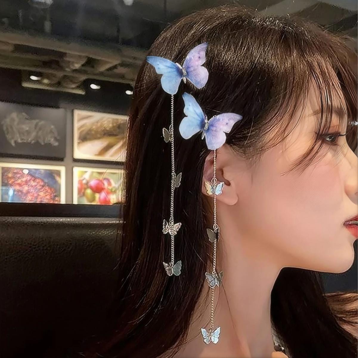 Rhinestone Gradient Butterfly Tassel Chain Hair Clip