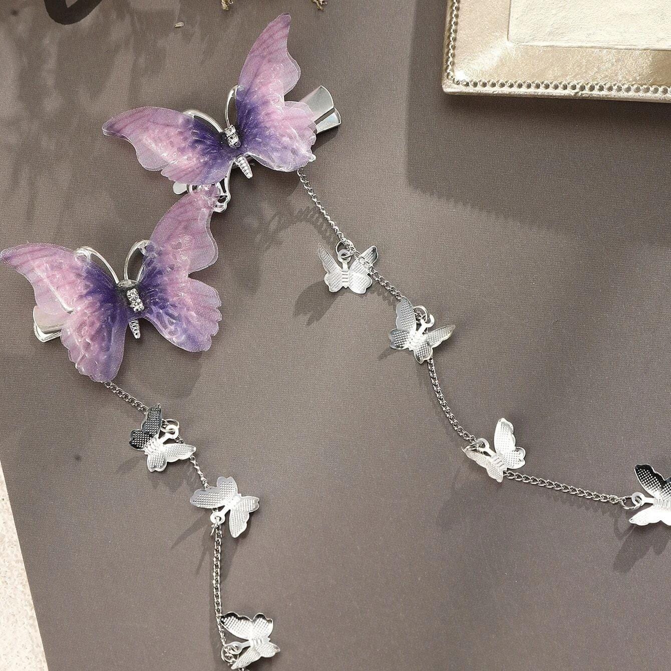 Rhinestone Gradient Butterfly Tassel Chain Hair Clip