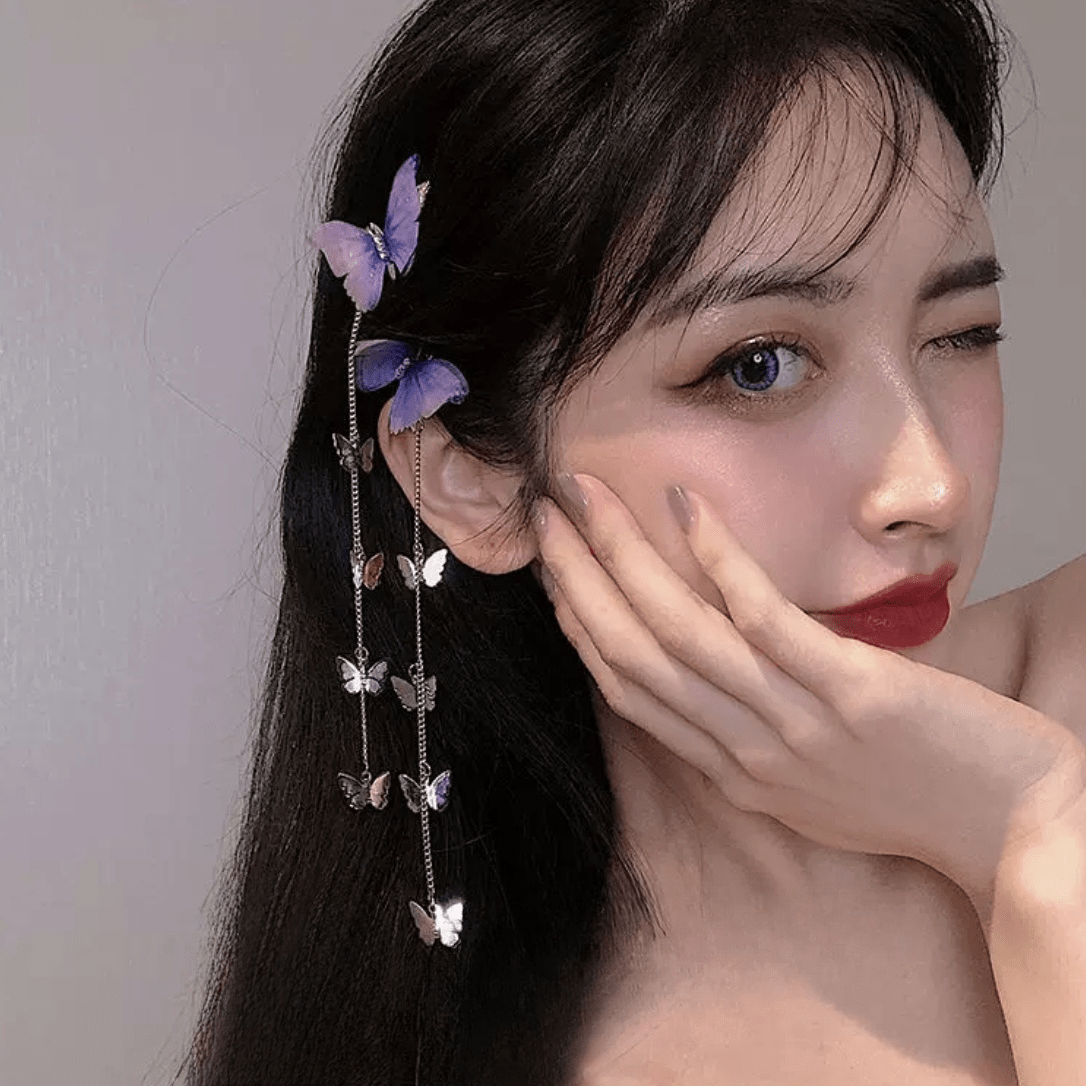 Rhinestone Gradient Butterfly Tassel Chain Hair Clip
