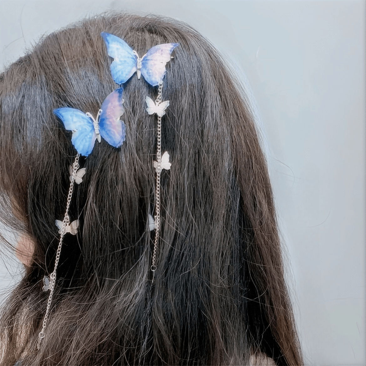 Rhinestone Gradient Butterfly Tassel Chain Hair Clip