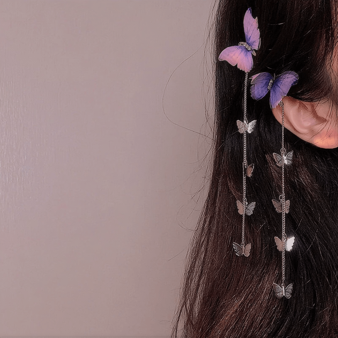 Rhinestone Gradient Butterfly Tassel Chain Hair Clip