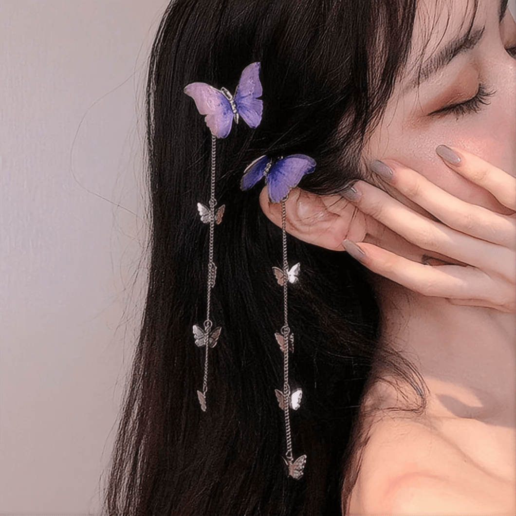 Rhinestone Gradient Butterfly Tassel Chain Hair Clip