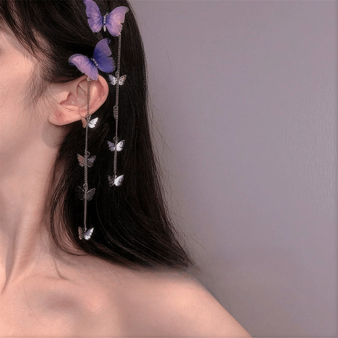 Rhinestone Gradient Butterfly Tassel Chain Hair Clip