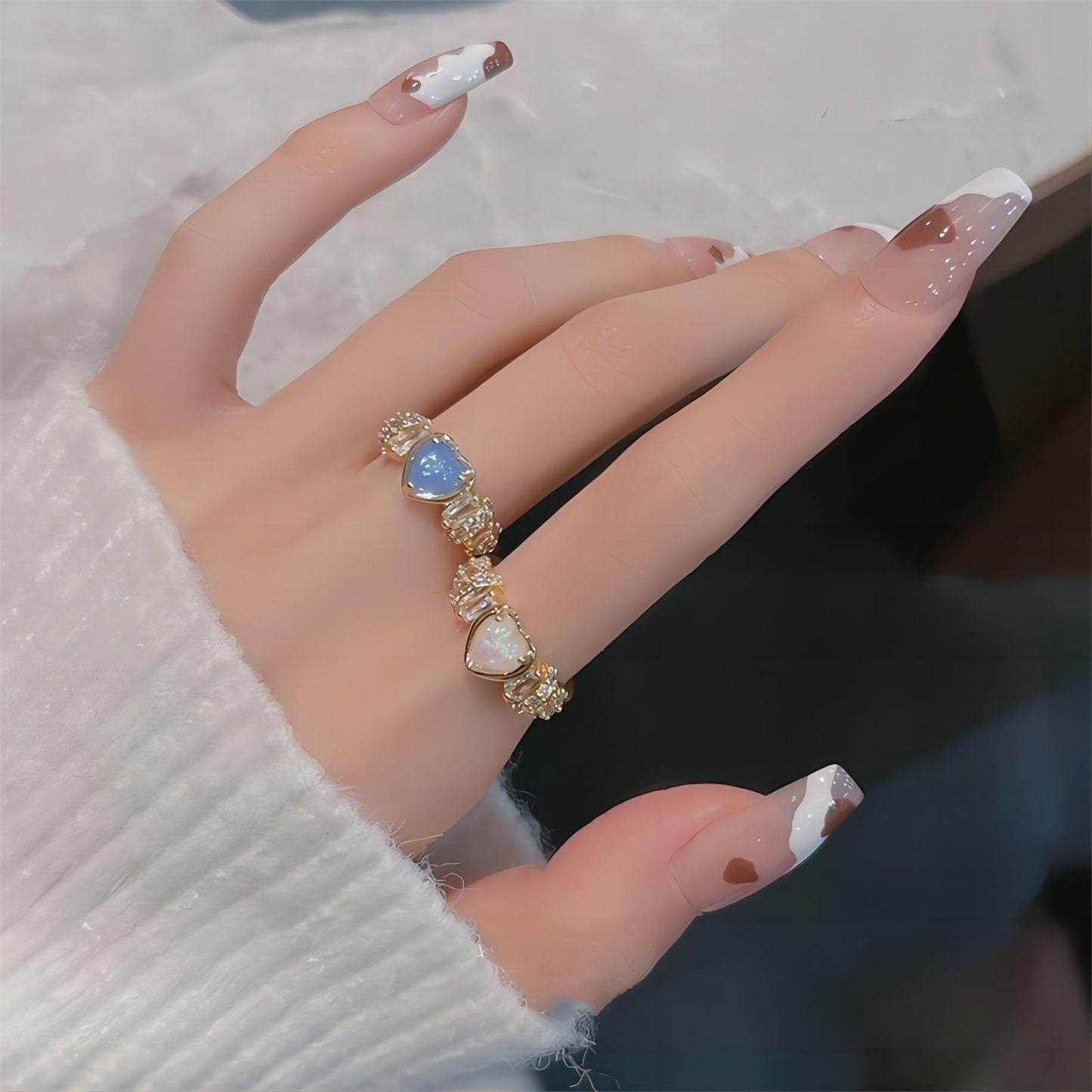 Chic Rhinestone Opal Heart Ring