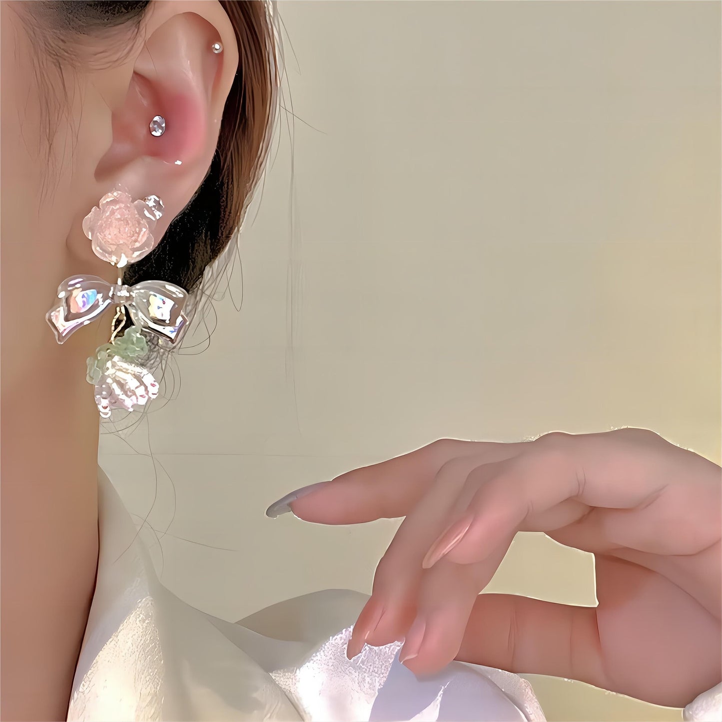 Elegant Beaded Floral Bowknot Rose Earrings
