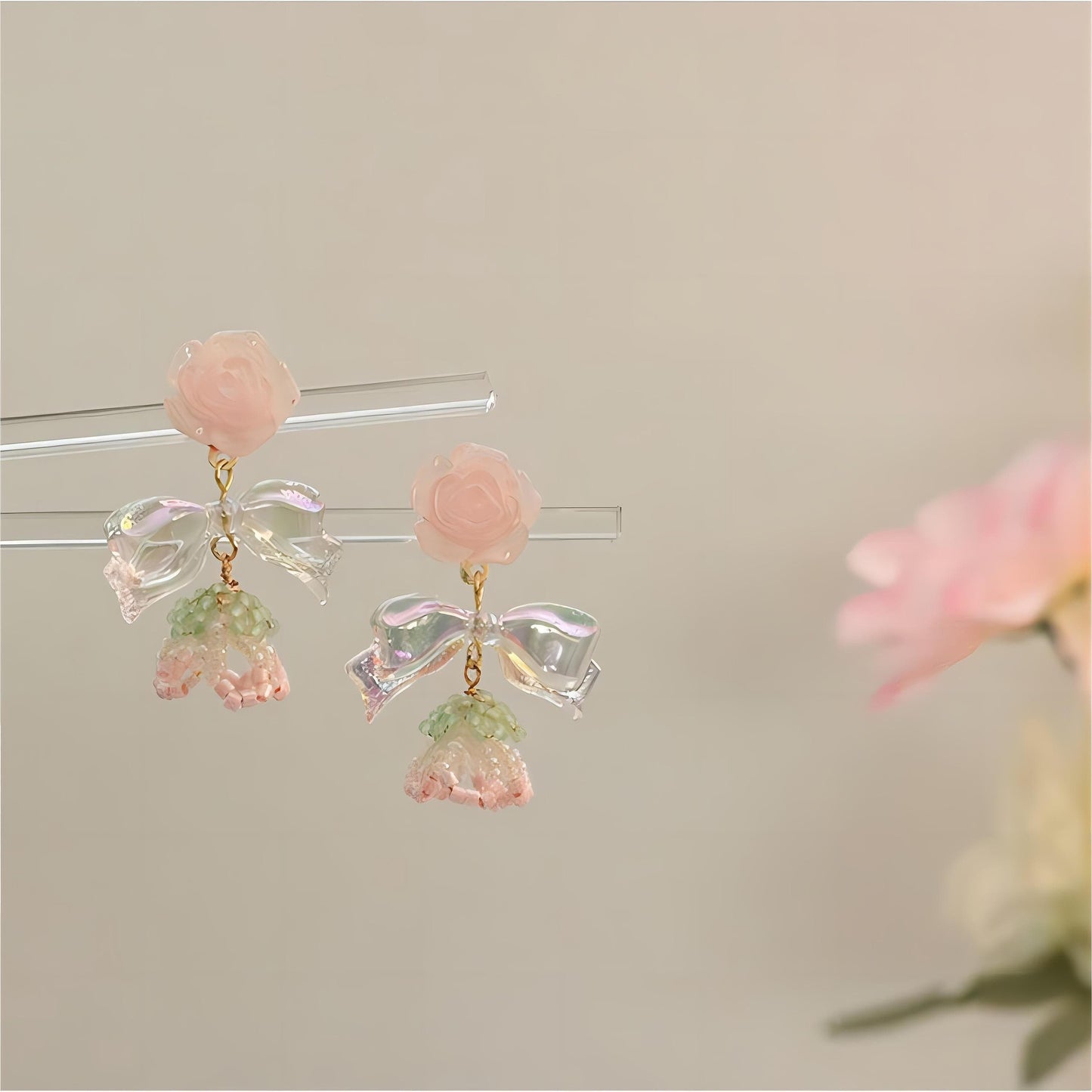 Elegant Beaded Floral Bowknot Rose Earrings