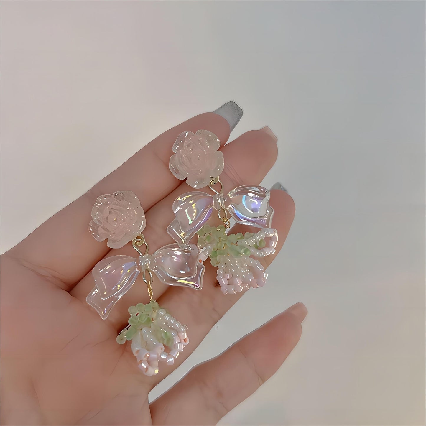Elegant Beaded Floral Bowknot Rose Earrings