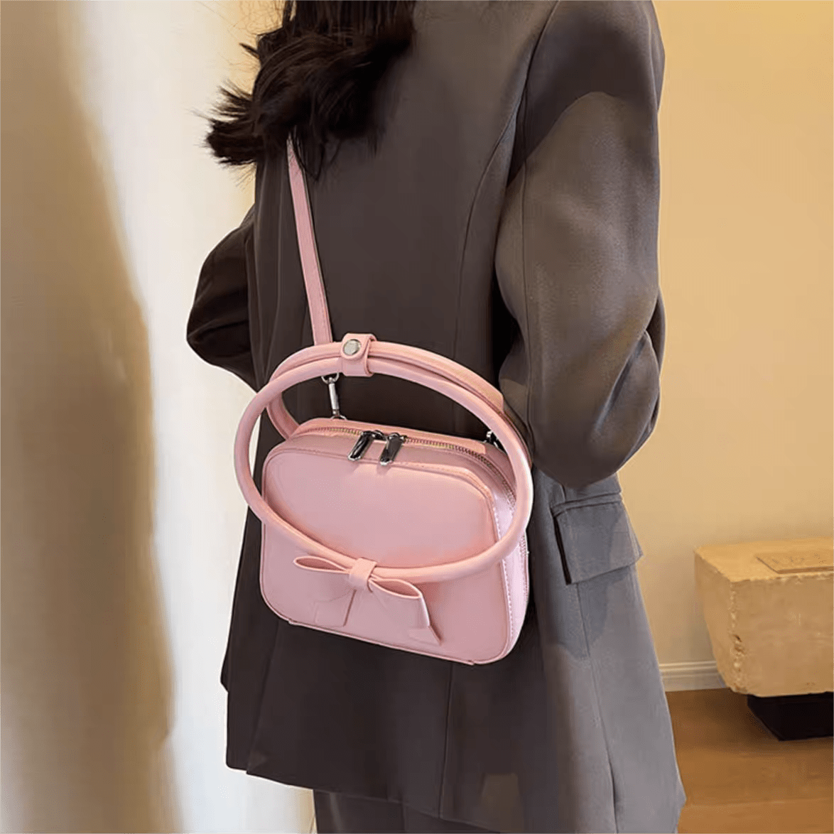 Pink Bowknot Leather Shoulder Bag