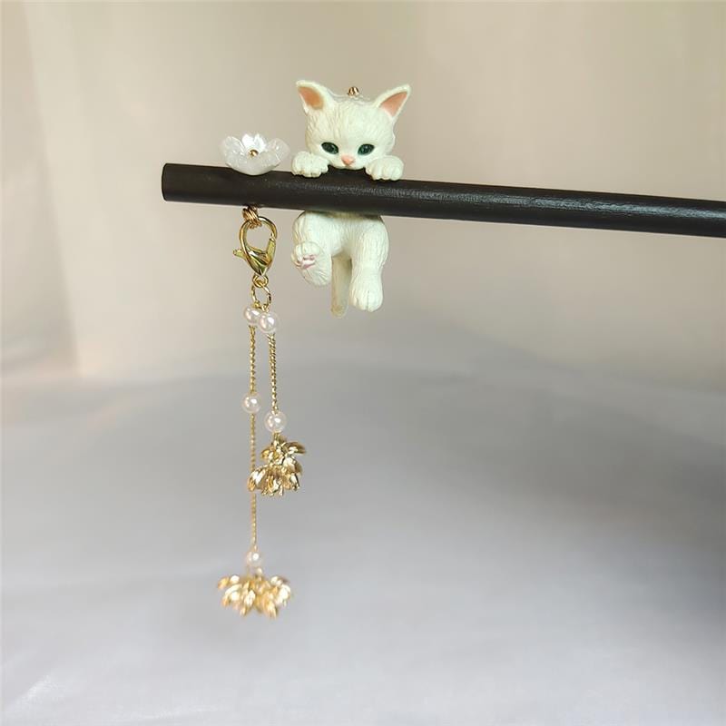 Süße Haarnadel aus Holz mit Katzen- und Blumenmotiv, Perlen