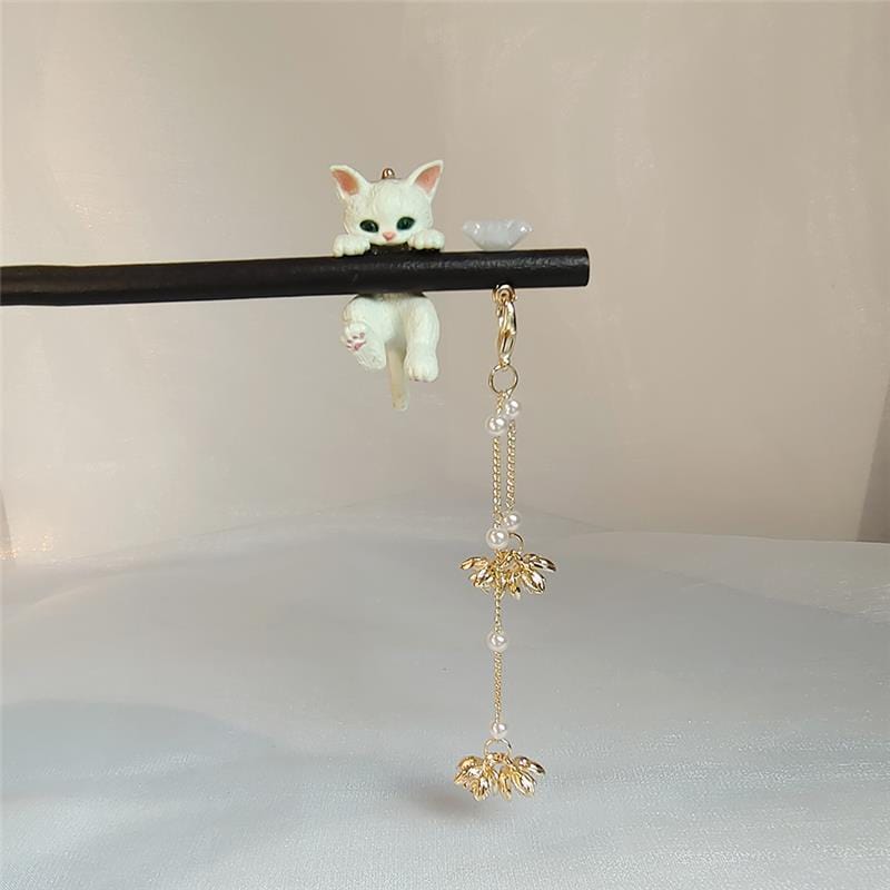 Süße Haarnadel aus Holz mit Katzen- und Blumenmotiv, Perlen