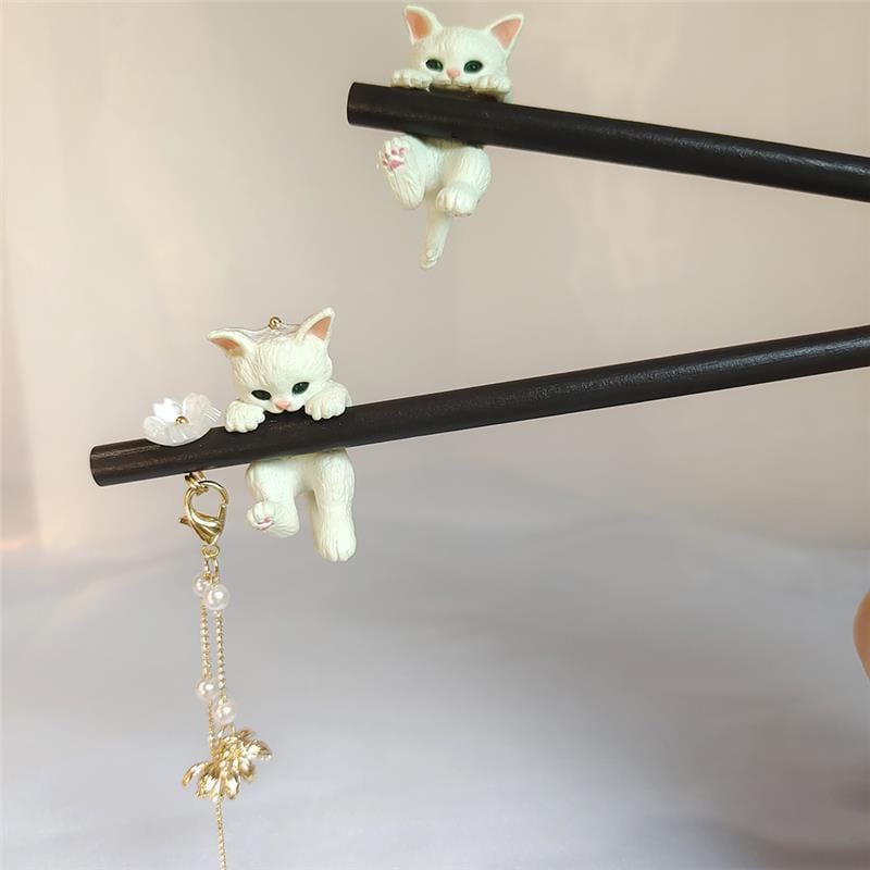 Süße Haarnadel aus Holz mit Katzen- und Blumenmotiv, Perlen
