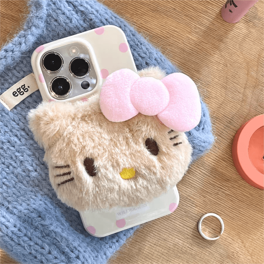 Étui pour iPhone avec support en peluche et motif chat mignon