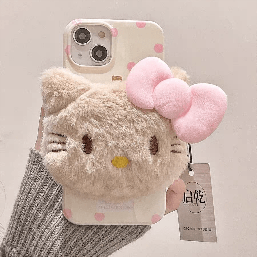 Étui pour iPhone avec support en peluche et motif chat mignon