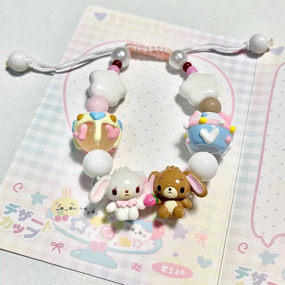 Cute Bunnies Cupcake Glass Bead Chain Bracelet