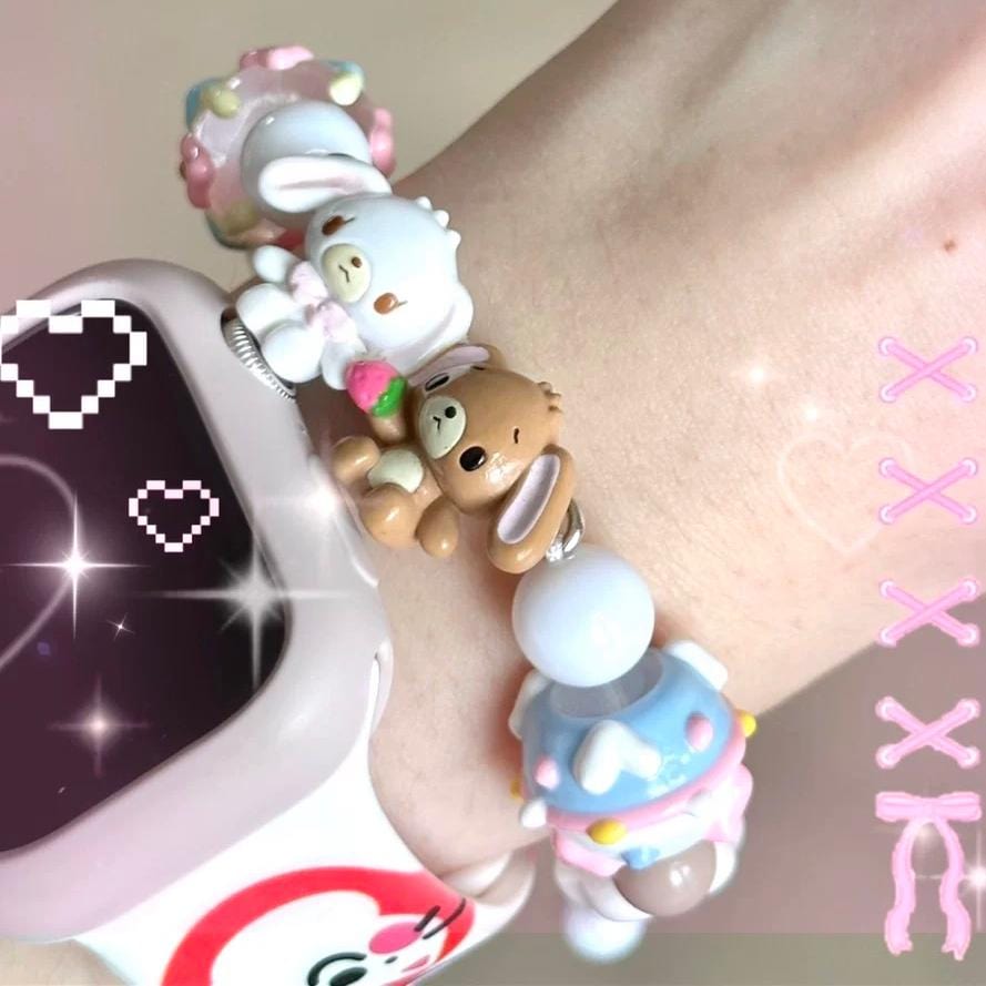 Cute Bunnies Cupcake Glass Bead Chain Bracelet