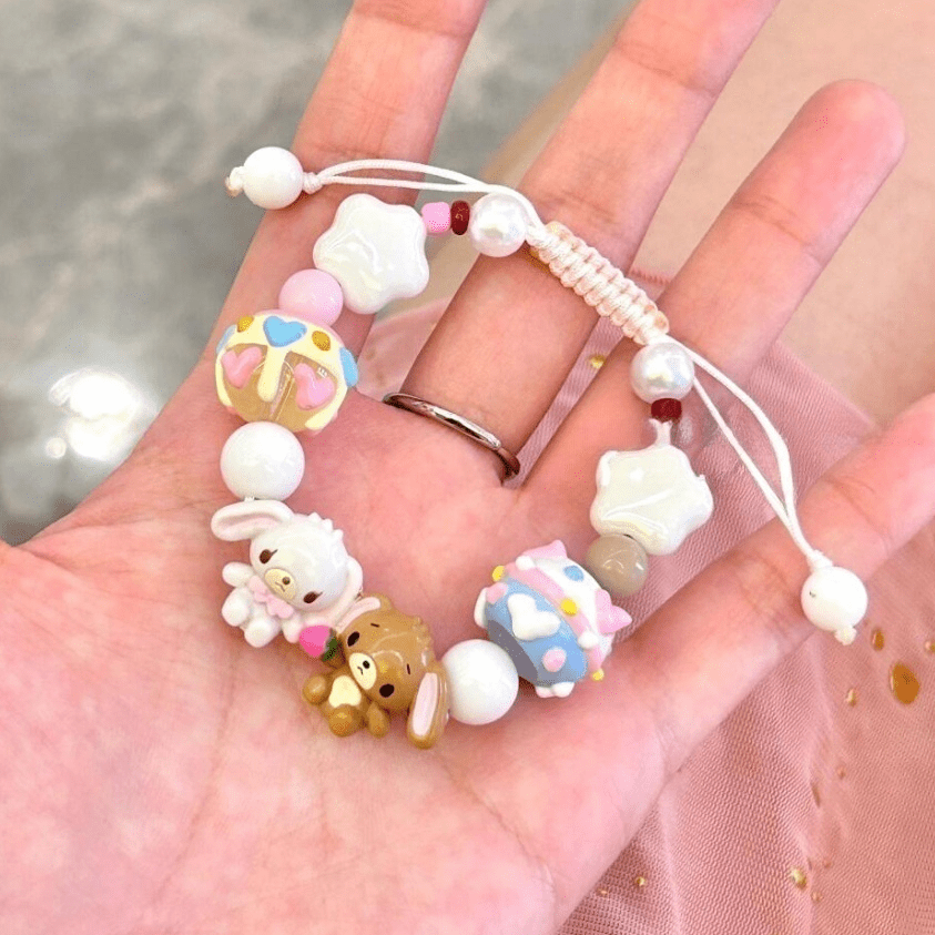 Cute Bunnies Cupcake Glass Bead Chain Bracelet